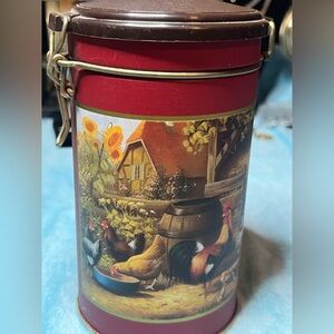 🔴Vintage Red Tin Canister with Rooster Design